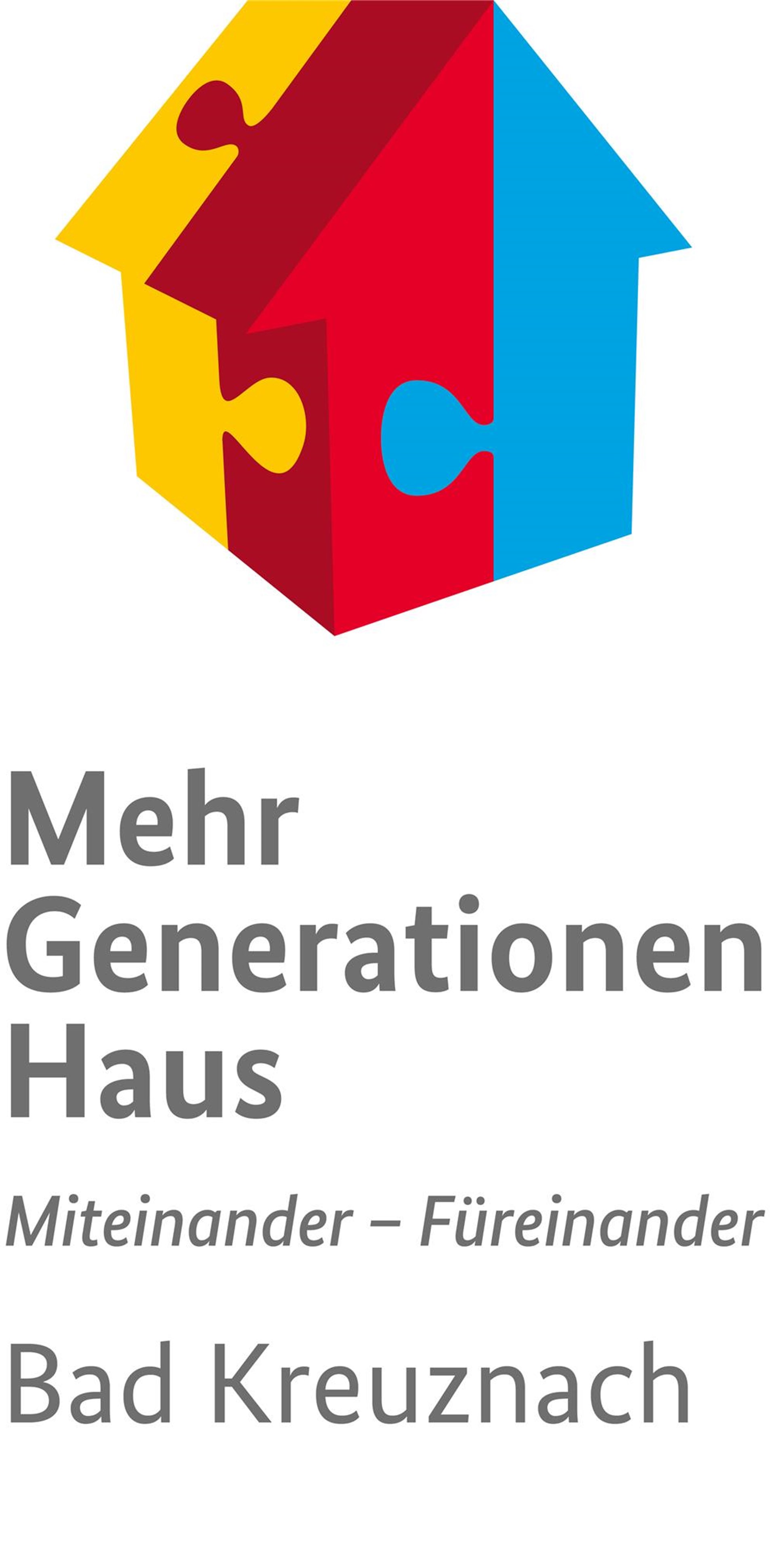 Logo der Mehrgenerationenhäuser in Deutschland: ein stilisiertes Häuschen aus Puzzleteilen in den Farben der Mehrgenerationenhäuser in Deutschland gelb, rot und blau; rechts daneben die Wortmarke "Mehrgenerationenhaus" und der Slogan "Miteinander - Füreinander".